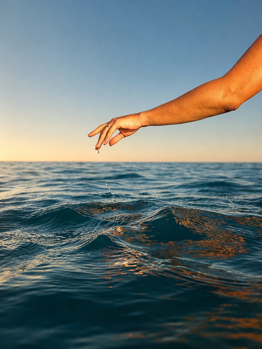 Main égrenant une goutte au-dessus de la mer, face à l'horizon